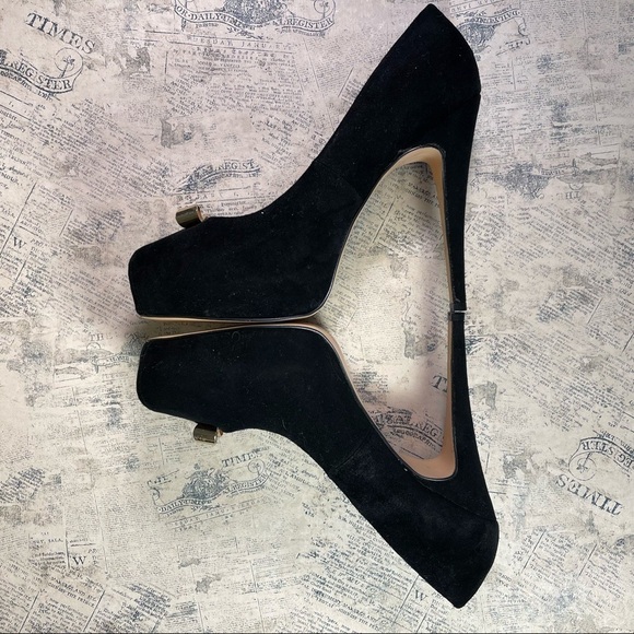 Dolce Vita Black Suede Pumps with Gold Bow Platforms - Picture 7 of 12
